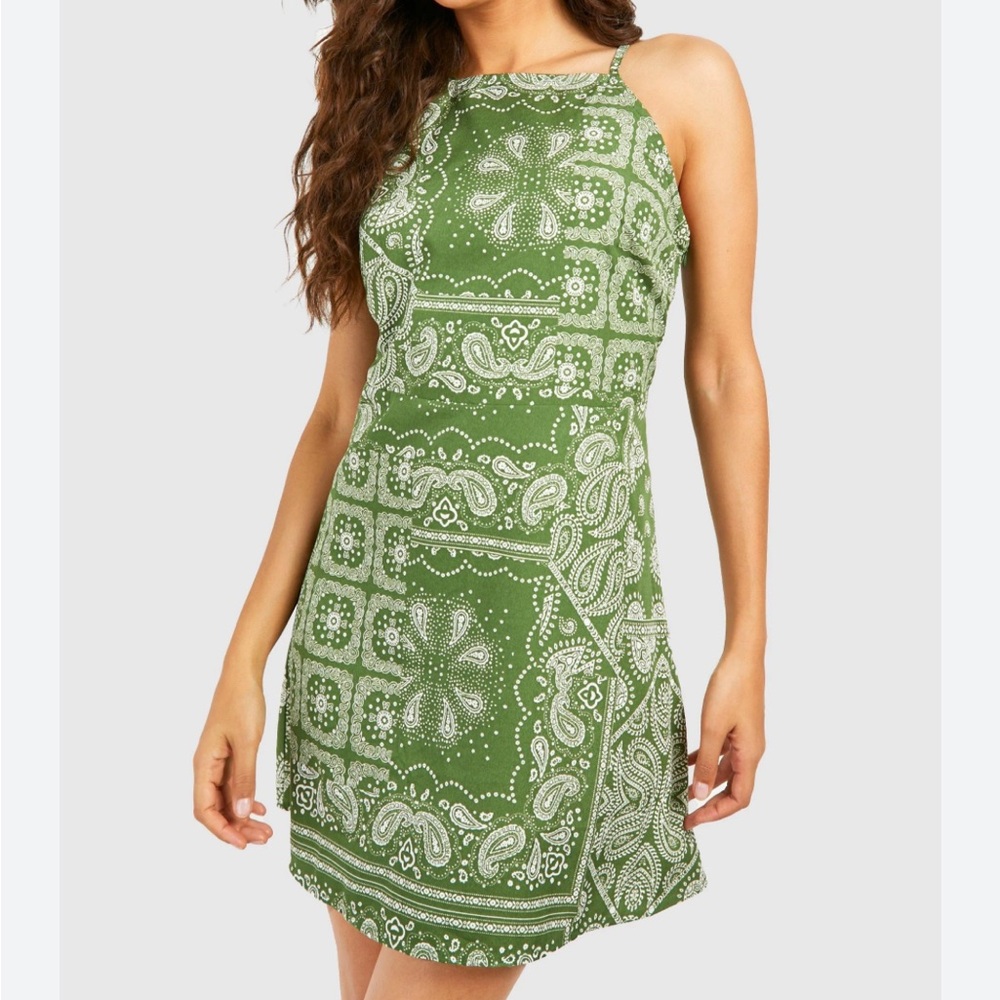 Boohoo Green Paisley Mini Dress